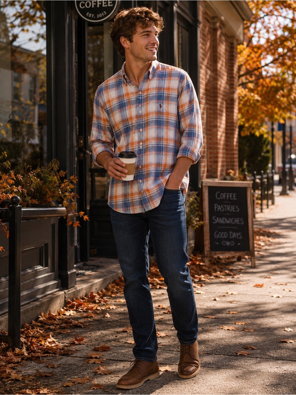 Ralph Lauren Blue Label Custom Fit Plaid Shirt Mens 2XL Orange Blue Cotton Prepp